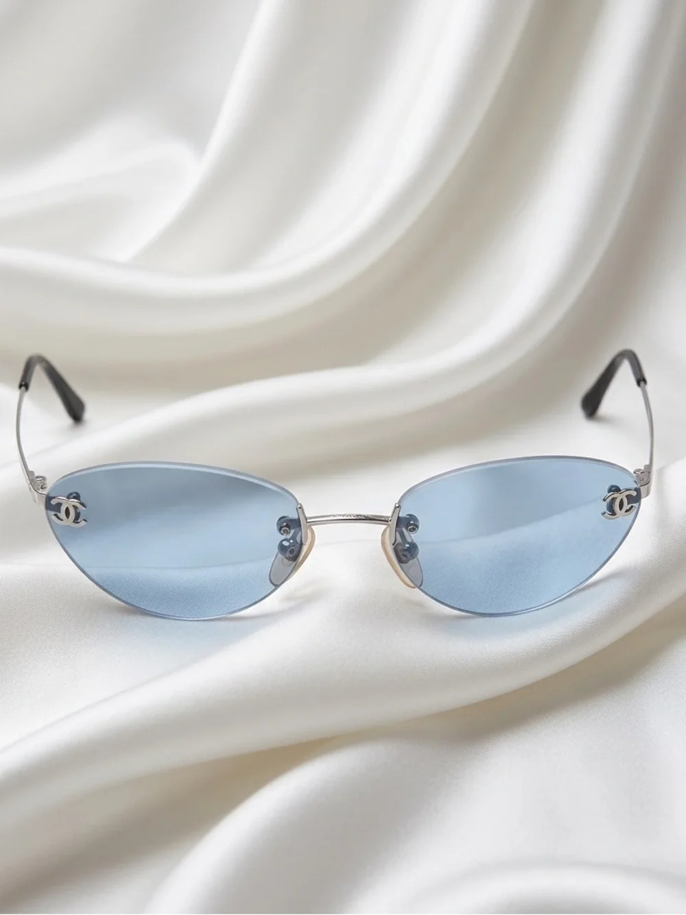CHANEL🩵Rimless Oval Sunglasses - Blue Lenses with Silver Accents #104